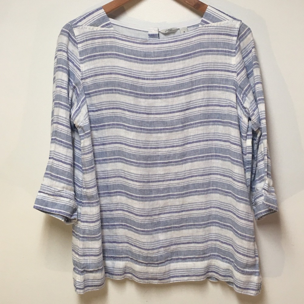 L.L. Bean Women M Shirt 100% Linen Blue Stripe 3/4 Sleeve Woven Button Coastal